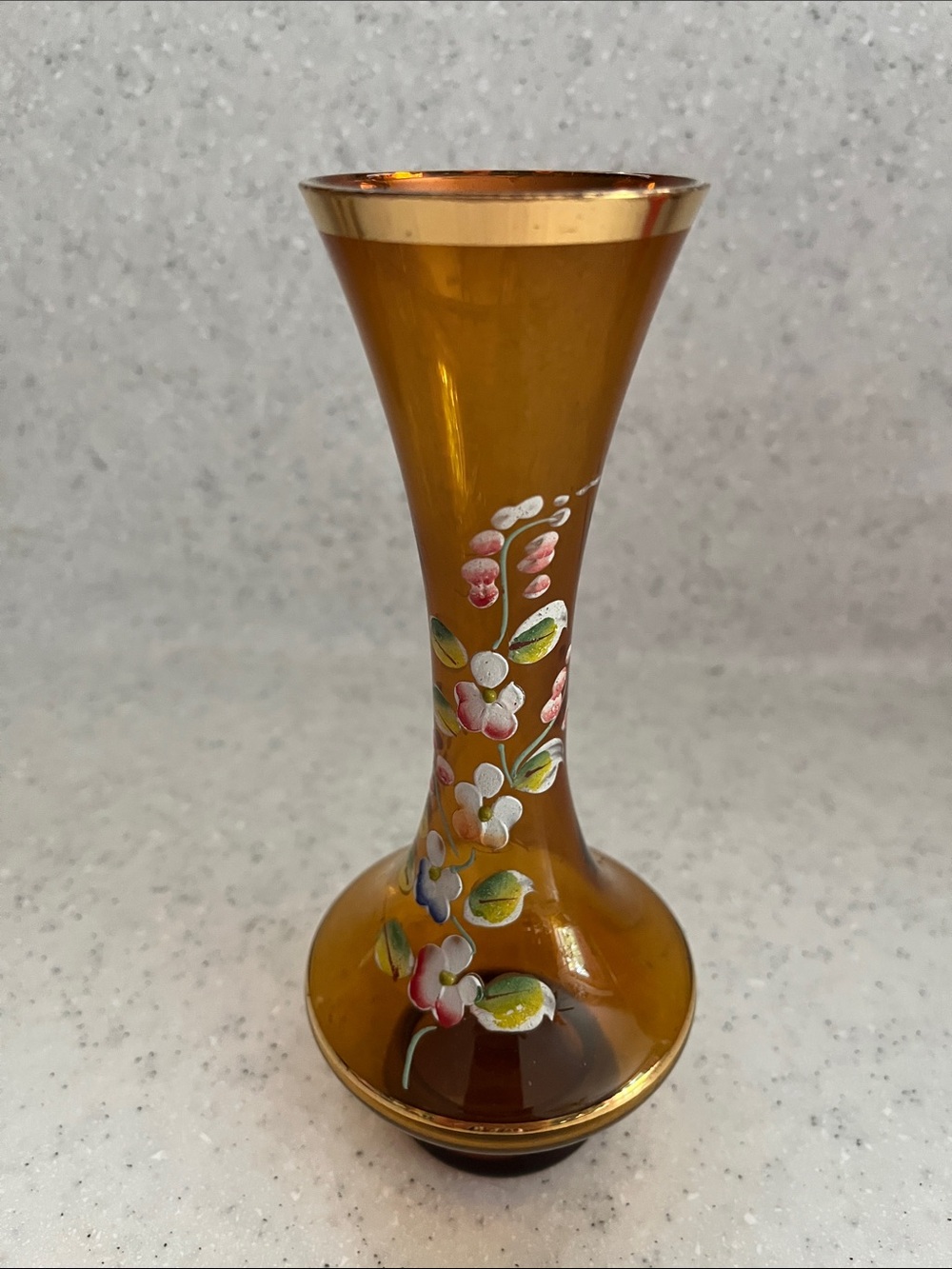 Vtg KREISS Corp Amber Hand Painted Bud Vase Gold Trim Original Sticker 7” Japan